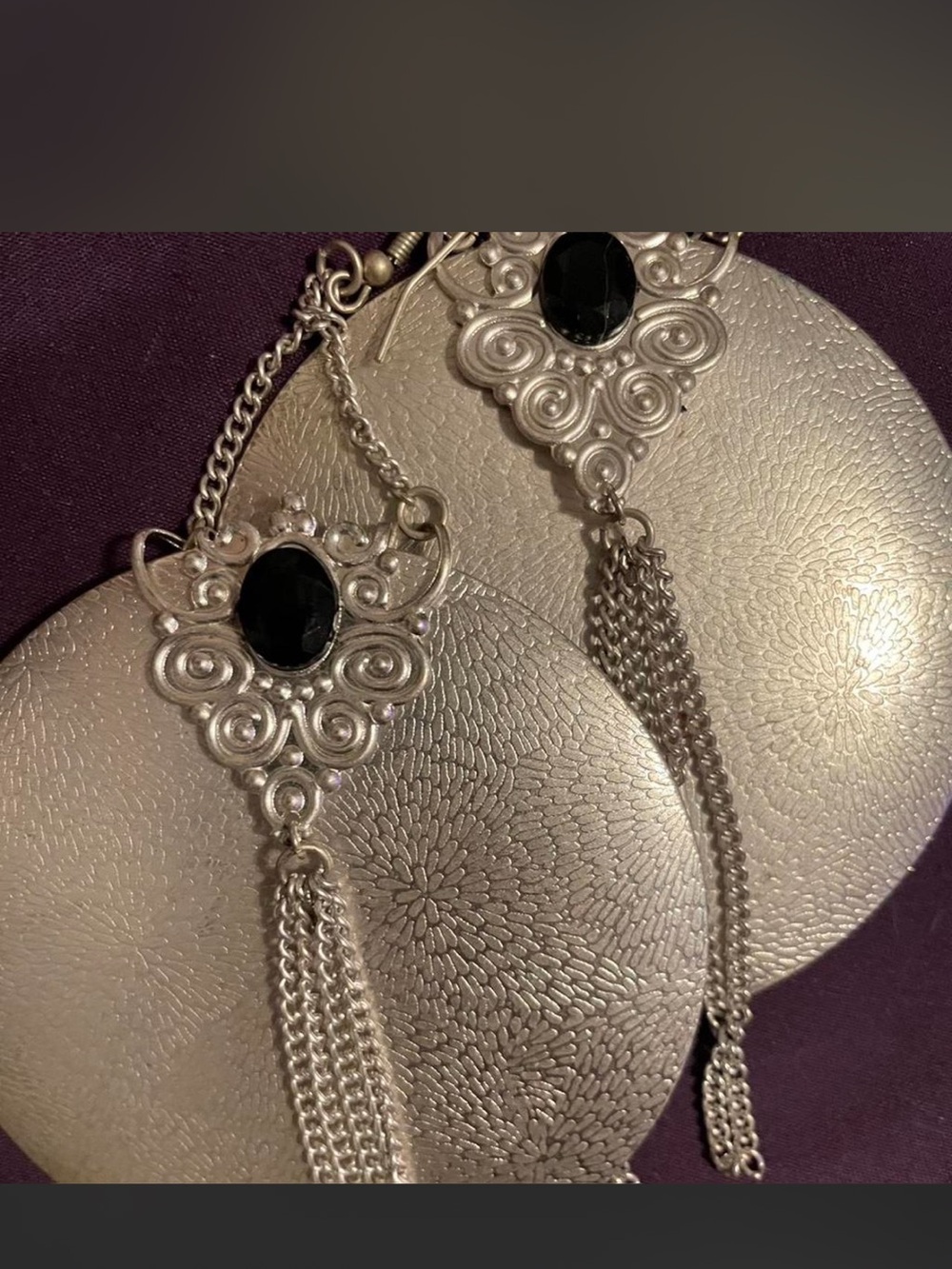 Elegant Silver-Tone Filigree Tassel Earrings with Black Stone